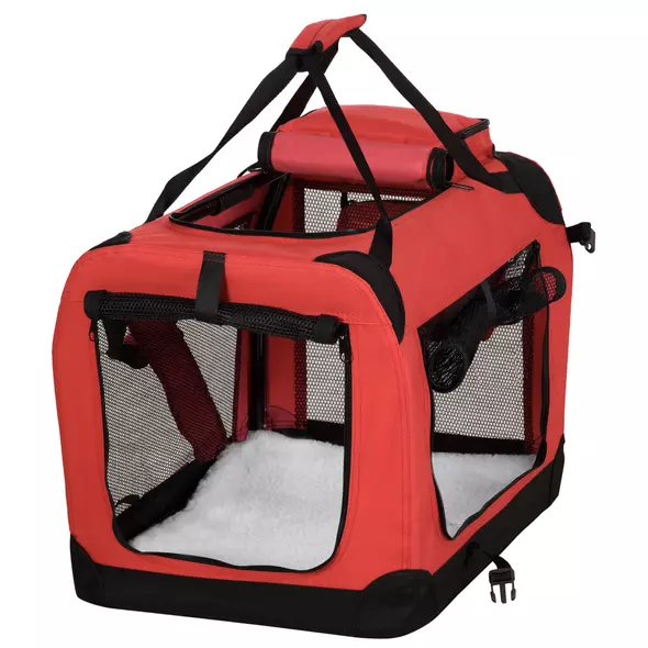 PawHut Foldable Pet Carrier for Small and Miniature Dogs, Portable Cat Carrier Soft Side Pet Travel Crate with Removable Mat, Storage Bags, Breathable Mesh Window 60 x 42 x 42cm - Red - 1