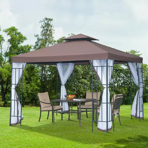 Outsunny 3 x 3(m) Patio Gazebo Canopy Garden Pavilion Tent Shelter with 2 Tier Roof and Mosquito Netting, Steel Frame, Coffee - 2
