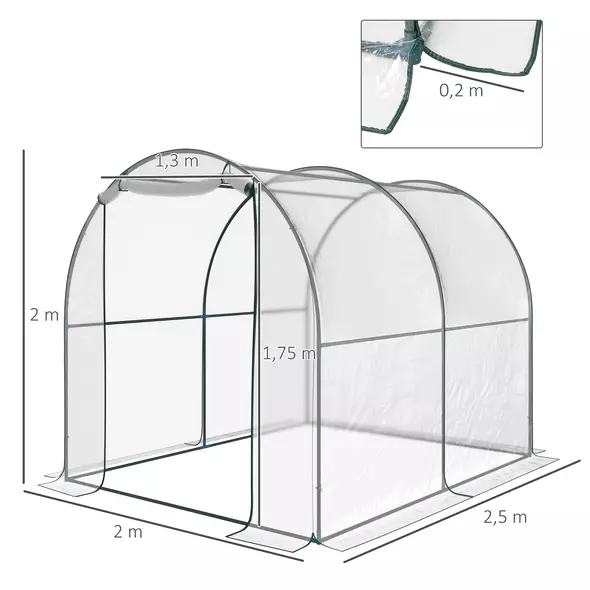 Outsunny Walk-in Polytunnel Greenhouse with Roll-up Door Transparent Tunnel Greenhouse with Steel Frame and PVC Cover, 2.5 x 2m - 3