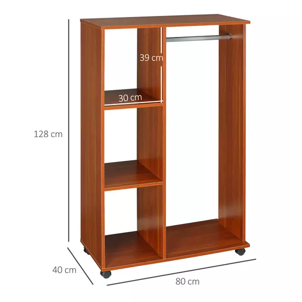 HOMCOM Open Wardrobe on Wheels, Bedroom Wardrobe with Clothes Hanging Rail, 3 Storage Shelves, Mobile Garment Rack for Cloakroom, Hallway, Walnut - 3