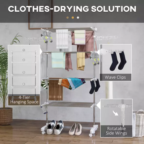 HOMCOM Four-Shelf Collapsing Clothes Horse, With Side Arms and Wheels - White - 5