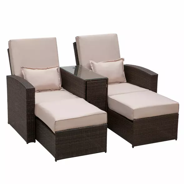 Outsunny 2-Seater Rattan Sofa Lounger Set-Brown - 1