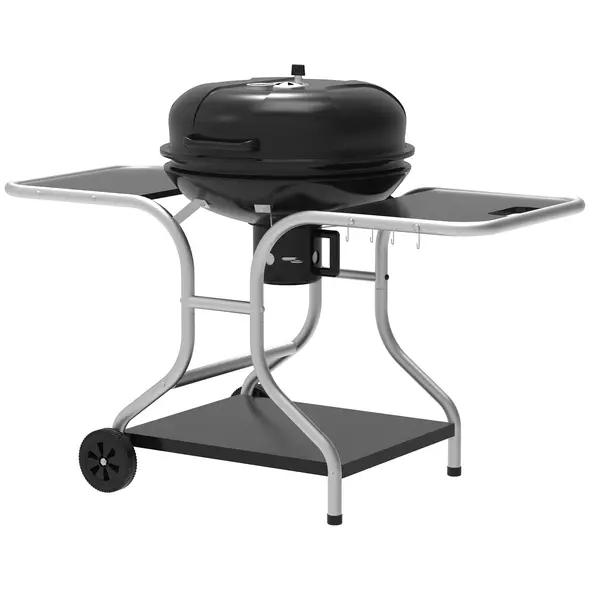 Outsunny Portable Charcoal Kettle Grill Outdoor Barbecue Trolley BBQ Heat Smoker Grilling with 2 Wheels, Storage Shelf and 4 Hooks, Free Standing, Black - 1