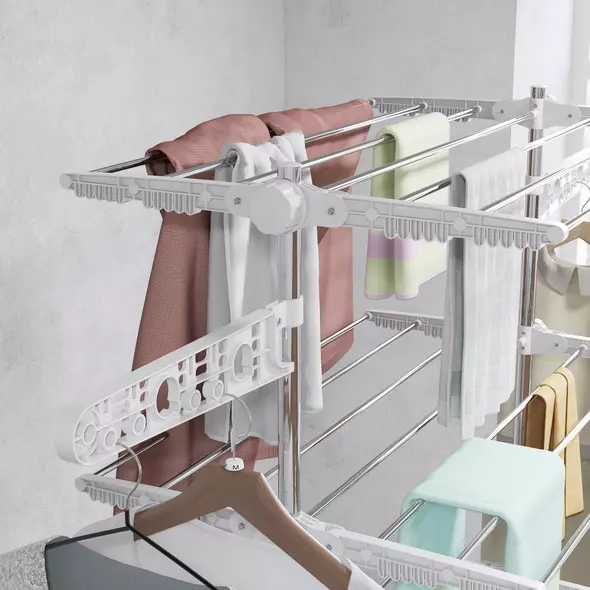 HOMCOM Four-Shelf Collapsing Clothes Horse, With Side Arms and Wheels - White - 8