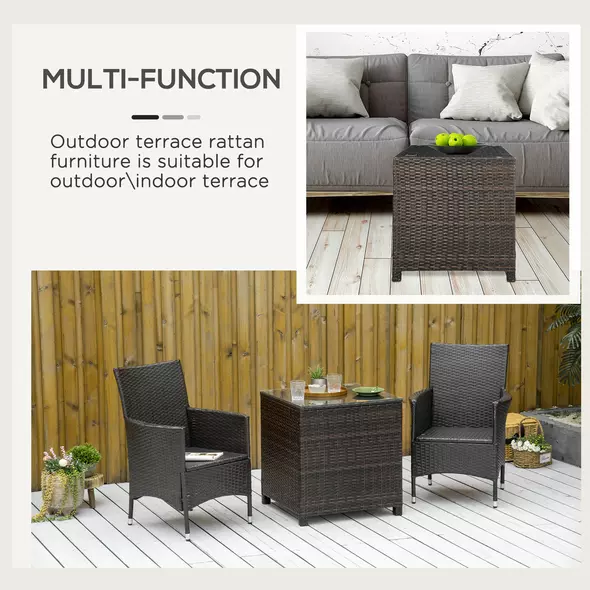 Outsunny Rattan Garden Furniture Side Table Patio Frame Tempered Glass New - Brown - 5