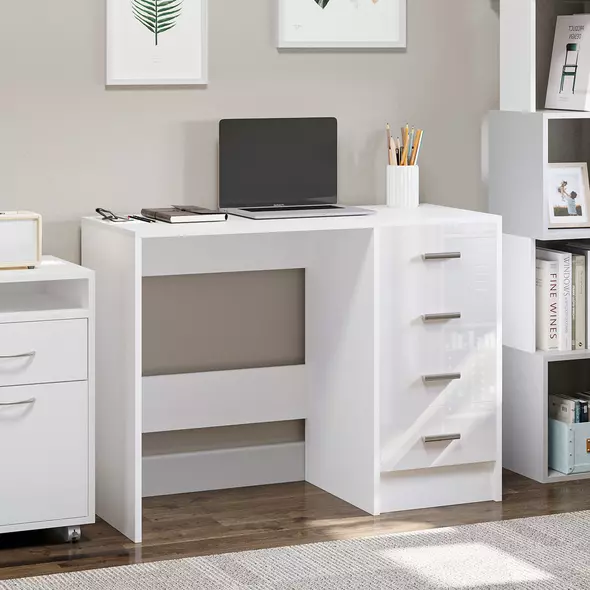HOMCOM Computer Desk with Drawers, Dressing Table, High Gloss Home Office Writing Workstation, White - 2