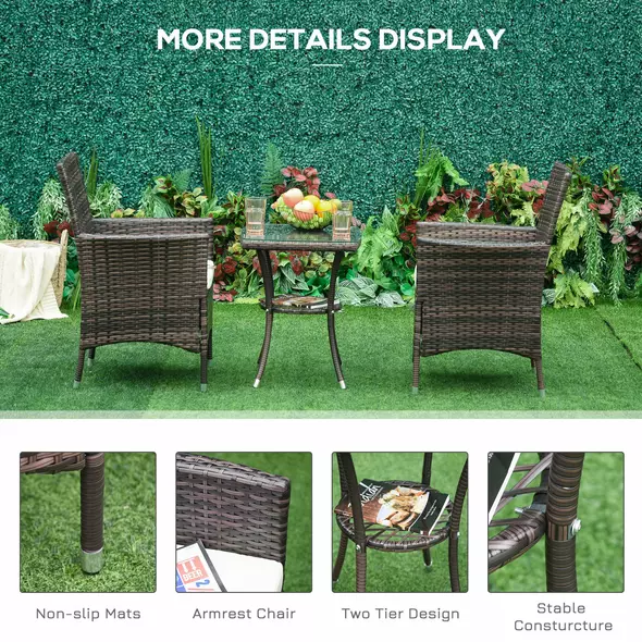 Outsunny Three-Piece Rattan Chair Set, with Cushions - Brown - 6