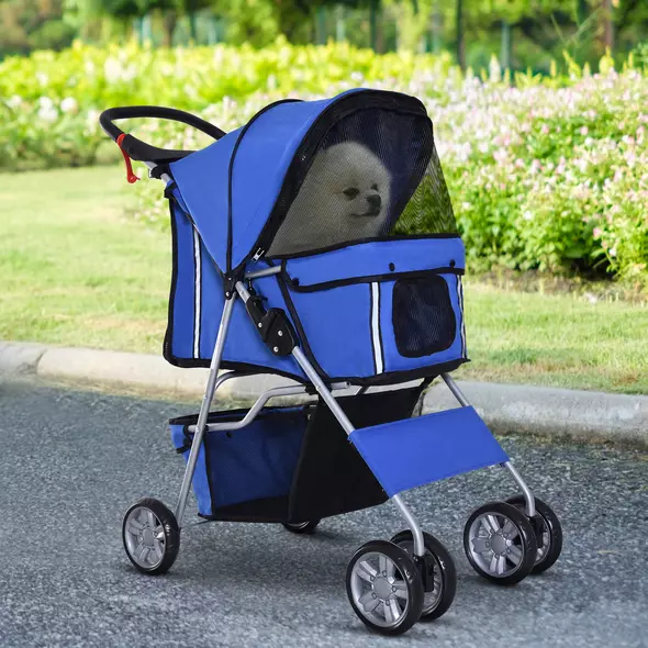 PawHut Pet Stroller for Small Miniature Dogs Cats Foldable Travel Carriage with Wheels Zipper Entry Cup Holder Storage Basket Blue - 1