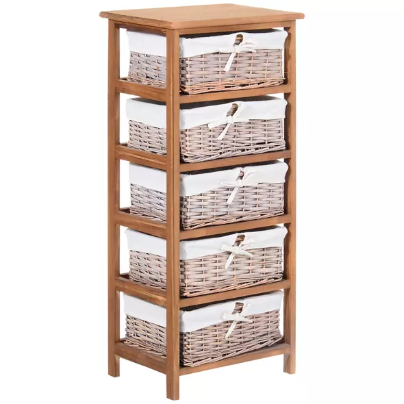 HOMCOM 5 Drawer Dresser Wicker Basket Storage Shelf Unit Wooden Frame Home Organisation Cabinet Bedroom Office Furniture Natural Finish - 1