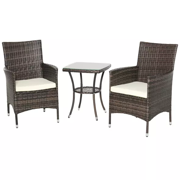 Outsunny Three-Piece Rattan Chair Set, with Cushions - Brown - 1