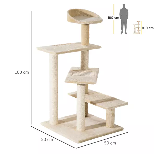 PawHut 100 cm Cat Tree for Indoor Cats Kitten Scratch Scratching Post Climbing Tower Activity Centre Beige - 3