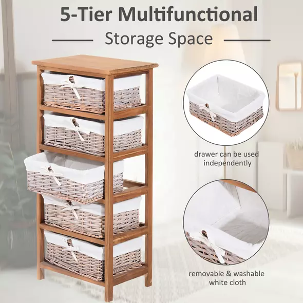 HOMCOM 5 Drawer Dresser Wicker Basket Storage Shelf Unit Wooden Frame Home Organisation Cabinet Bedroom Office Furniture Natural Finish - 4