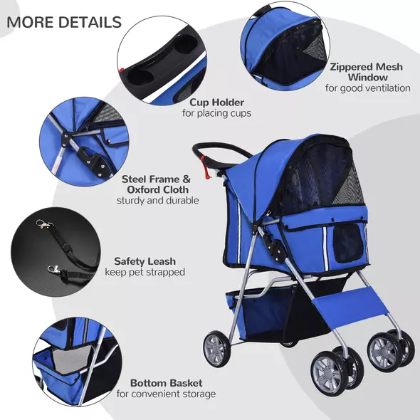 PawHut Pet Stroller for Small Miniature Dogs Cats Foldable Travel Carriage with Wheels Zipper Entry Cup Holder Storage Basket Blue - 6