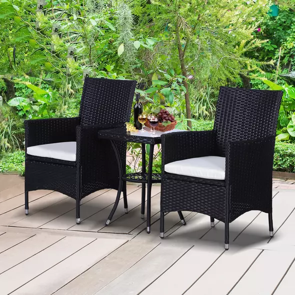 Outsunny 3 Pieces Rattan Bistro Set, Wicker Garden Furniture Set with 2-Tier Coffee Table and Chairs, Cushions, for Outdoor Patio Balcony, Black - 2