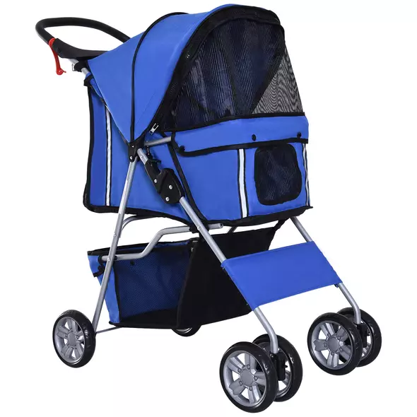 PawHut Pet Stroller for Small Miniature Dogs Cats Foldable Travel Carriage with Wheels Zipper Entry Cup Holder Storage Basket Blue - 2