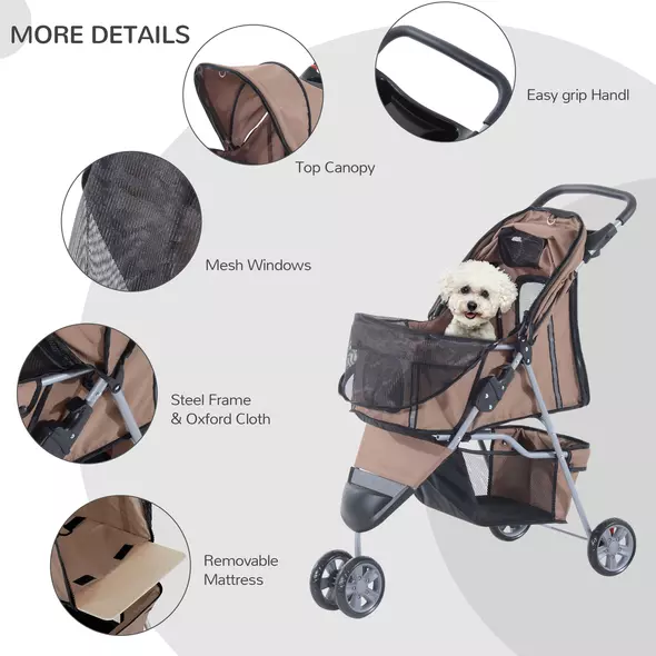 PawHut 3 Wheel Pet Stroller for Small and Miniature Dogs, Brown - 7