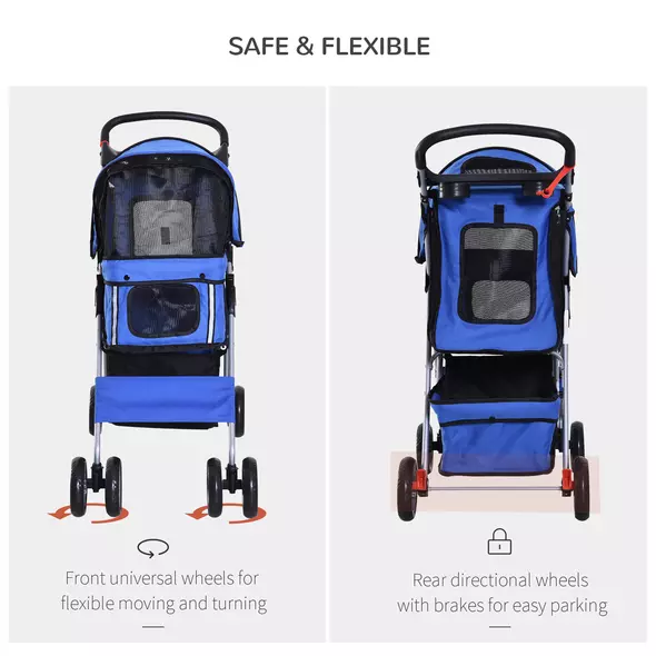 PawHut Pet Stroller for Small Miniature Dogs Cats Foldable Travel Carriage with Wheels Zipper Entry Cup Holder Storage Basket Blue - 5