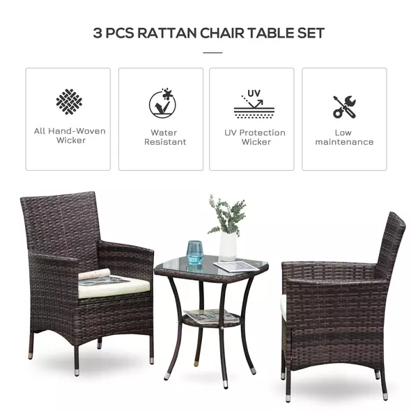 Outsunny Three-Piece Rattan Chair Set, with Cushions - Brown - 4