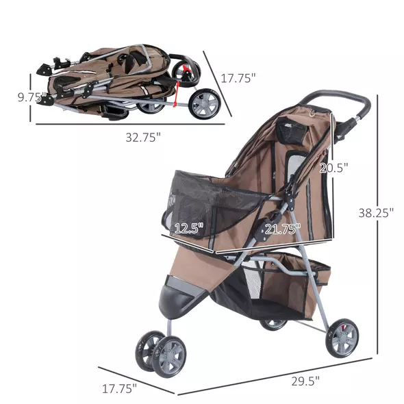 PawHut 3 Wheel Pet Stroller for Small and Miniature Dogs, Brown - 3