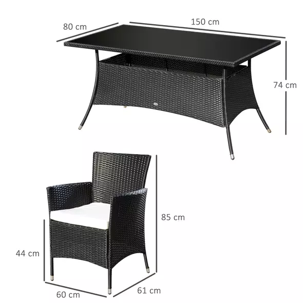 Outsunny 6 Seater Rattan Dining Set with Cushions, Rattan Garden Furniture Set with 6 Armchairs, Rectangular Glass Top Table, Outdoor Dining Table and Chairs, Black - 3