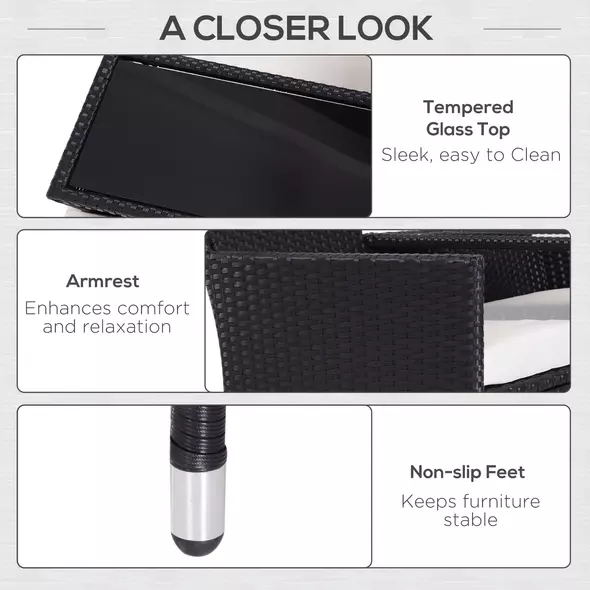 Outsunny 2-Seater Rattan Chair Set W/Middle Tea Table-Black - 6