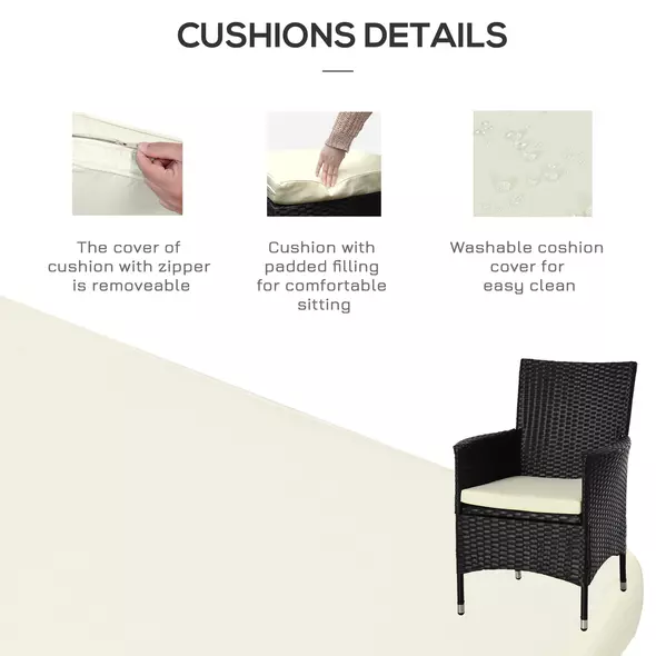 Outsunny 3 Pieces Rattan Bistro Set, Wicker Garden Furniture Set with 2-Tier Coffee Table and Chairs, Cushions, for Outdoor Patio Balcony, Black - 7