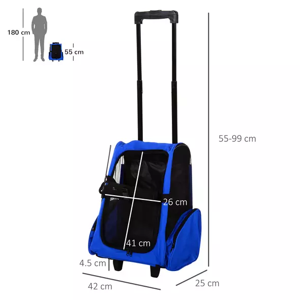 PawHut Pet Travel Backpack Bag Cat Puppy Dog Carrier w/ Trolley and Telescopic Handle Portable Stroller Wheel Luggage Bag (Blue) - 3
