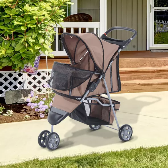 PawHut 3 Wheel Pet Stroller for Small and Miniature Dogs, Brown - 2