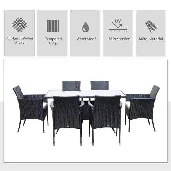 Outsunny 6 Seater Rattan Dining Set with Cushions, Rattan Garden Furniture Set with 6 Armchairs, Rectangular Glass Top Table, Outdoor Dining Table and Chairs, Black - 4