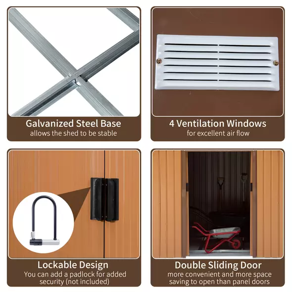 Outsunny 9 x 6ft Metal Garden Shed, Outdoor Storage Tool House with Ventilation Slots, Foundation Kit and Lockable Double Doors, Light Brown - 7