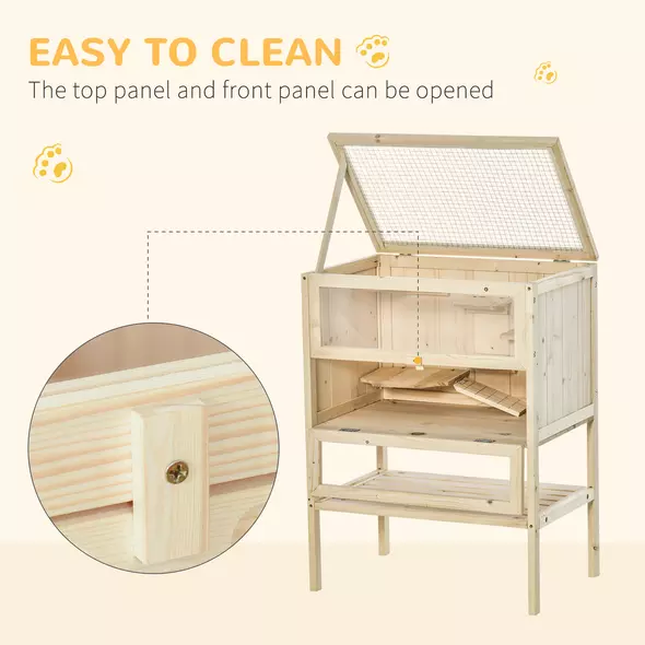 PawHut Wooden Hamster Cage with Storage Shelf, Small Animal Exercise Play House with Openable Top, Ramp for Gerbils, Drawf Hamsters, 60 x 40 x 80 cm - Natural - 5