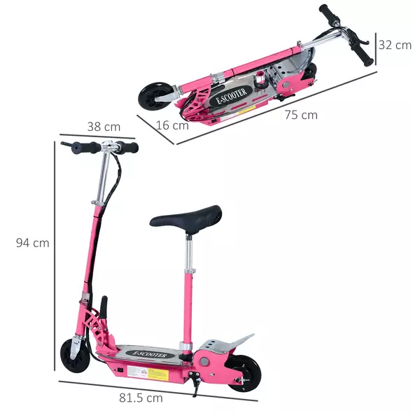 HOMCOM Foldable Powered Scooter with Adjustable Seat, Brake, Pink - 3