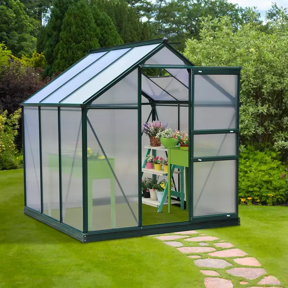 Outsunny 6 x 6ft Polycarbonate Greenhouse, Large Walk-In Green House with Slide Door and Window, Garden Plants Grow House with Aluminium Frame and Foundation, Dark Green - 2