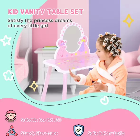 HOMCOM Kids Dressing Table Girls Pink Wooden Kids Dressing Table & Stool Make Up Desk Chair Toys Fairy Dresser Play Set w/Mirror - 4