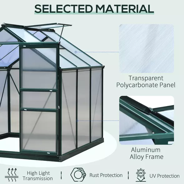 Outsunny 6 x 6ft Polycarbonate Greenhouse, Large Walk-In Green House with Slide Door and Window, Garden Plants Grow House with Aluminium Frame and Foundation, Dark Green - 5