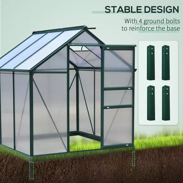 Outsunny 6 x 6ft Polycarbonate Greenhouse, Large Walk-In Green House with Slide Door and Window, Garden Plants Grow House with Aluminium Frame and Foundation, Dark Green - 6