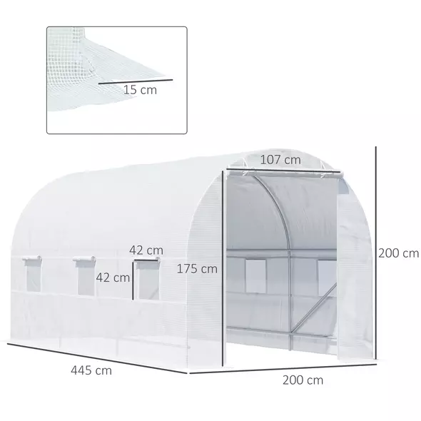 Outsunny 4.5 x 2 x 2 m Polytunnel Greenhouse, Walk-in Green House for Garden with Mesh Windows, Galvanised Steel Frame, White - 3
