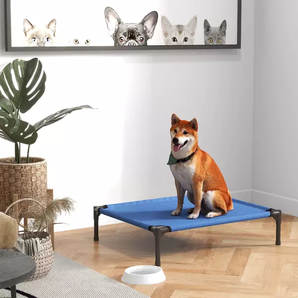 PawHut Raised Dog Bed Cat Elevated Lifted Portable Camping w/ Metal Frame Blue (Medium) - 2