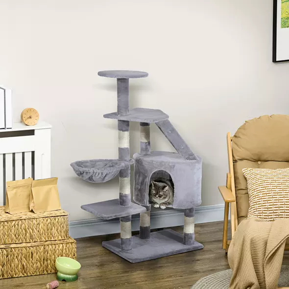PawHut Cat Tree for Indoor Cats Kitten Scratching Post Scratch Scratcher Climb Activity Center Play House Pet Furniture 125cm (Grey) - 2
