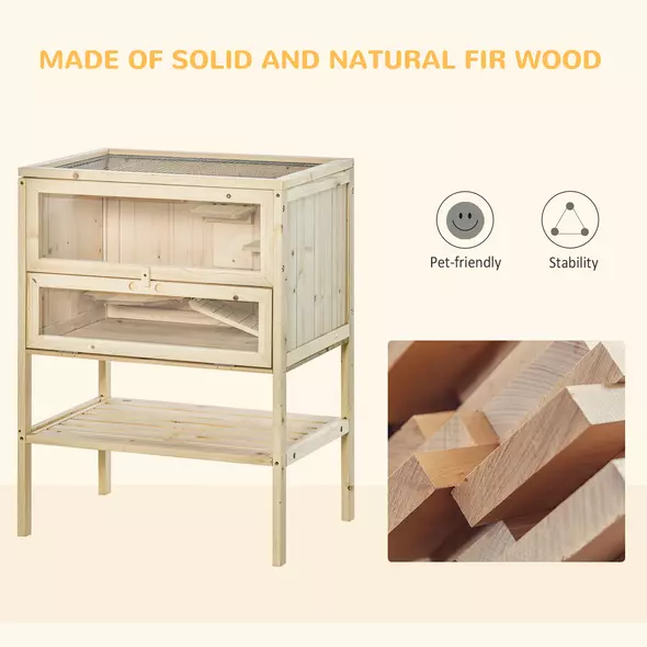 PawHut Wooden Hamster Cage with Storage Shelf, Small Animal Exercise Play House with Openable Top, Ramp for Gerbils, Drawf Hamsters, 60 x 40 x 80 cm - Natural - 7