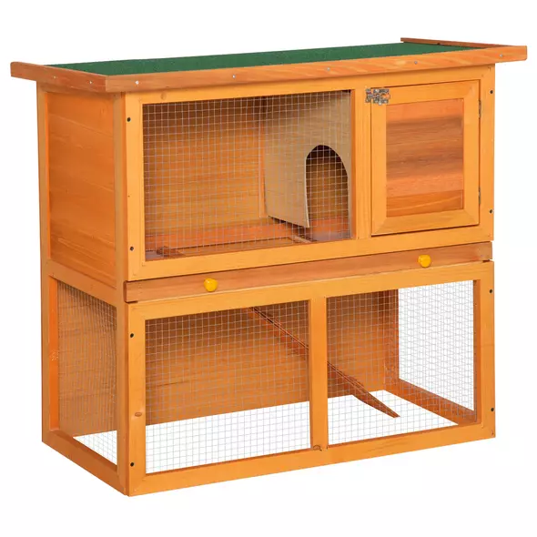 PawHut Two-Tier Rabbit Hutch, Wooden Outdoor Pet Cage, with Opening Top - 1