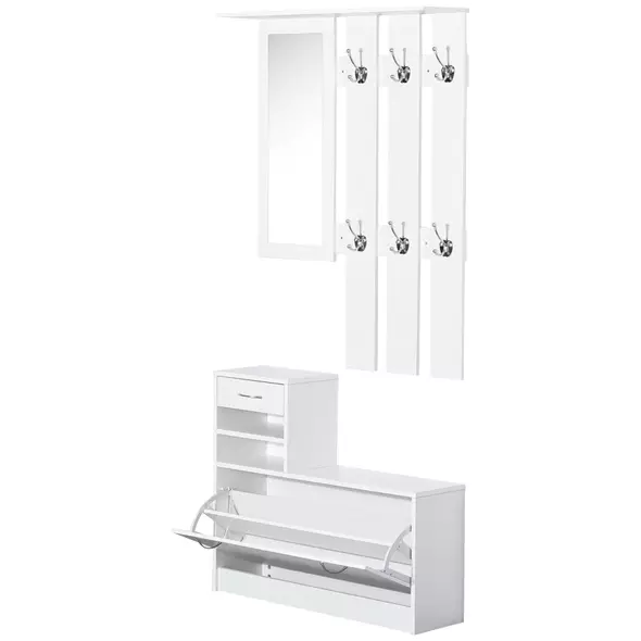 HOMCOM 2PC Shoes Storage Chest Cloths Rack Unit w/Mirror Multiple Shelves Large Storage Capacity Shoes Cabinet 6 Hooks Cloth Rack White - 1