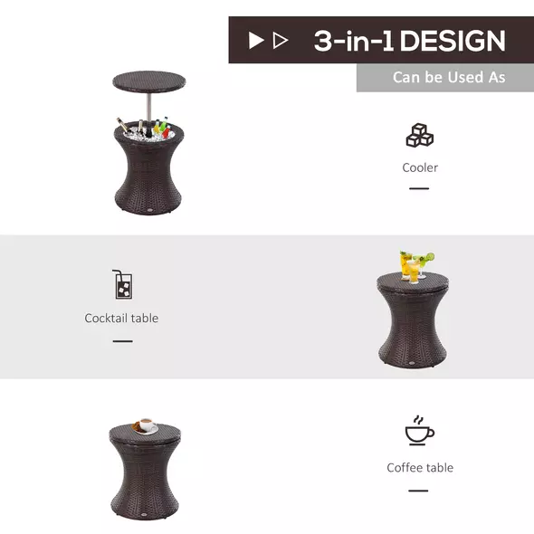 Outsunny PE Rattan Ice Bucket Table, Height Adjustable Liftable Outdoor Drinks Cooler, 52 cm Round Garden Beer Cocktail Table with Lid for Bar, Patio, Terrace, Brown - 4