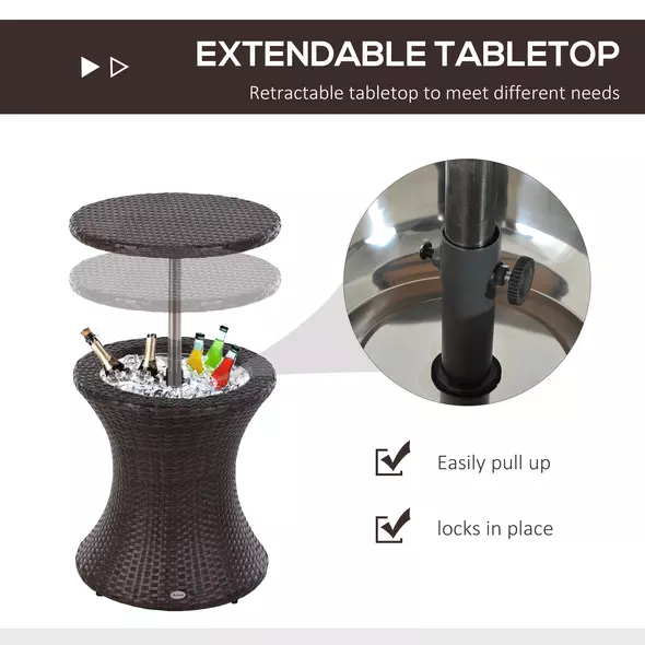 Outsunny PE Rattan Ice Bucket Table, Height Adjustable Liftable Outdoor Drinks Cooler, 52 cm Round Garden Beer Cocktail Table with Lid for Bar, Patio, Terrace, Brown - 5