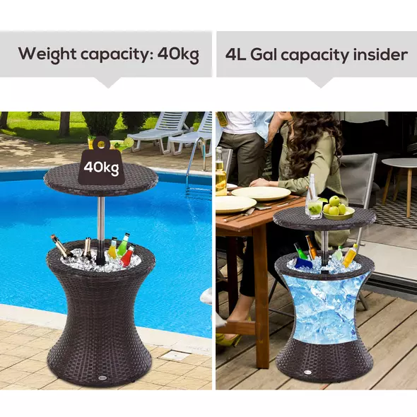 Outsunny PE Rattan Ice Bucket Table, Height Adjustable Liftable Outdoor Drinks Cooler, 52 cm Round Garden Beer Cocktail Table with Lid for Bar, Patio, Terrace, Brown - 6
