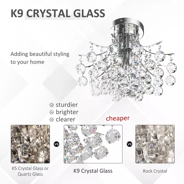 HOMCOM Crystal Chandeliers, 40cm K9 Droplets Ceiling Light with 3 E14 Bulb Base, Pendant Lights for Living Room, Bedroom, Dining Room, Hallway, Kitchen - 4