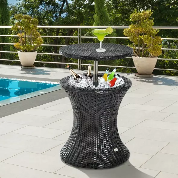 Outsunny PE Rattan Ice Bucket Table, Height Adjustable Liftable Outdoor Drinks Cooler, 52 cm Round Garden Beer Cocktail Table with Lid for Bar, Patio, Terrace, Brown - 2