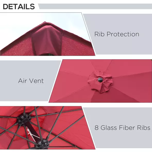 Outsunny 2.7M Garden Parasol Umbrella with Glass Fibre Ribs and Aluminium Frame, Tilting Sun Shade Shelter Canopy, Wine Red - 6
