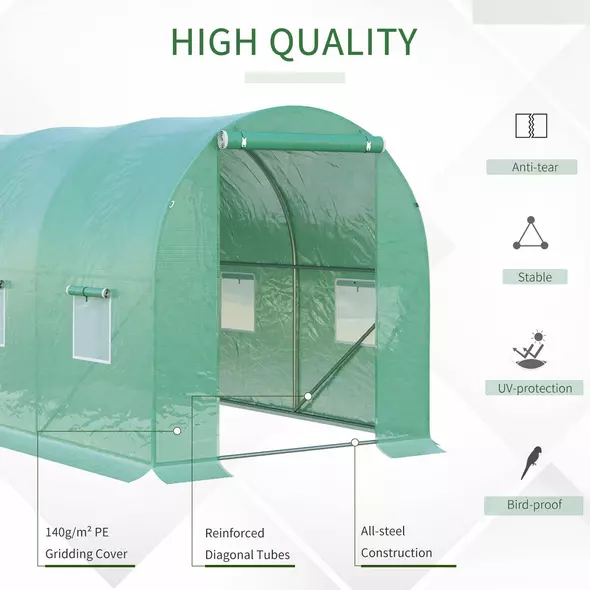 Outsunny 4 x 2 x 2 m Polytunnel Greenhouse with Roll-up Door and 6 Mesh Windows, Walk-in Garden Tunnel Warm House Tent with UV-resistant PE Cover and Galvanised Steel Frame, Green - 5