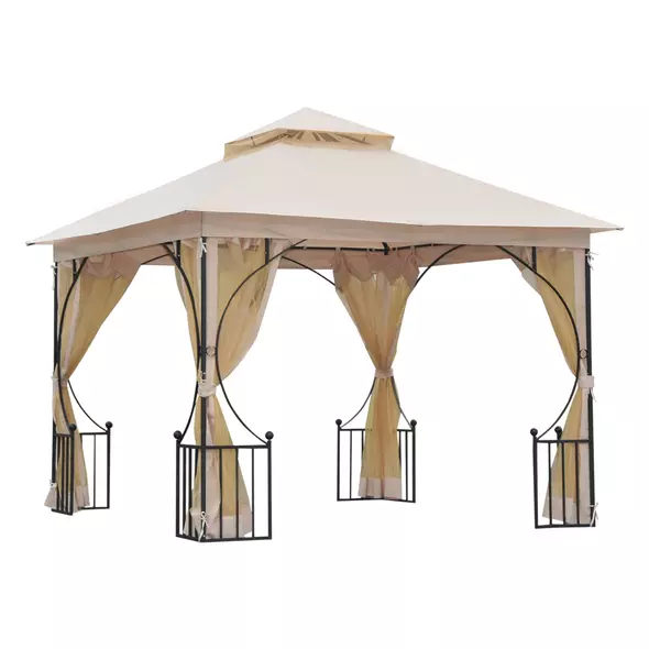 Outsunny 3 x 3(m) Garden Gazebo Patio Party Tent Shelter Outdoor Canopy Double Tier Sun Shade Metal Frame Netting, Beige - 1